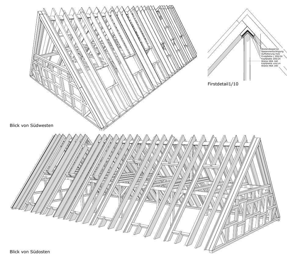 Dachstuhlplanung und Firstdetail für die denkmalgeschützte Hofanlage am Kirchender Dorfweg